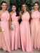 Simple One Shoulder Pink Chiffon Long Tulle Bridesmaid Dresses, Wedding Party Dress BD30