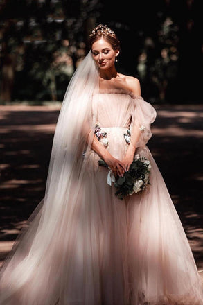 Fairy-tales strapless wedding dresses 3d flowers puff sleeves bridal gowns mg675