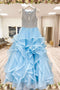 Sky Blue Round Neck Tulle Long Prom Dress A Line Formal Evening Dresses PDS60