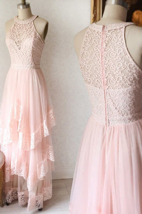 Princess Pink Lace Long Prom Dress Bridesmaid Dresses PDK96