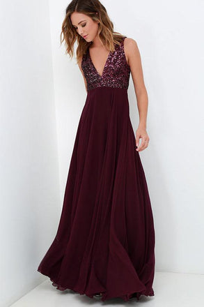 Burgundy Bridesmaid Dresses with Sequin Top, A-line Long Chiffon Wedding Party Dress PDO80