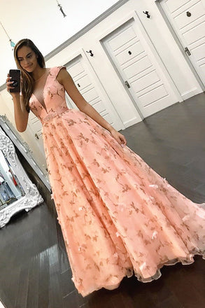 Princess A Line Floral Pink Cap Sleeves Long Prom Dress PDK97