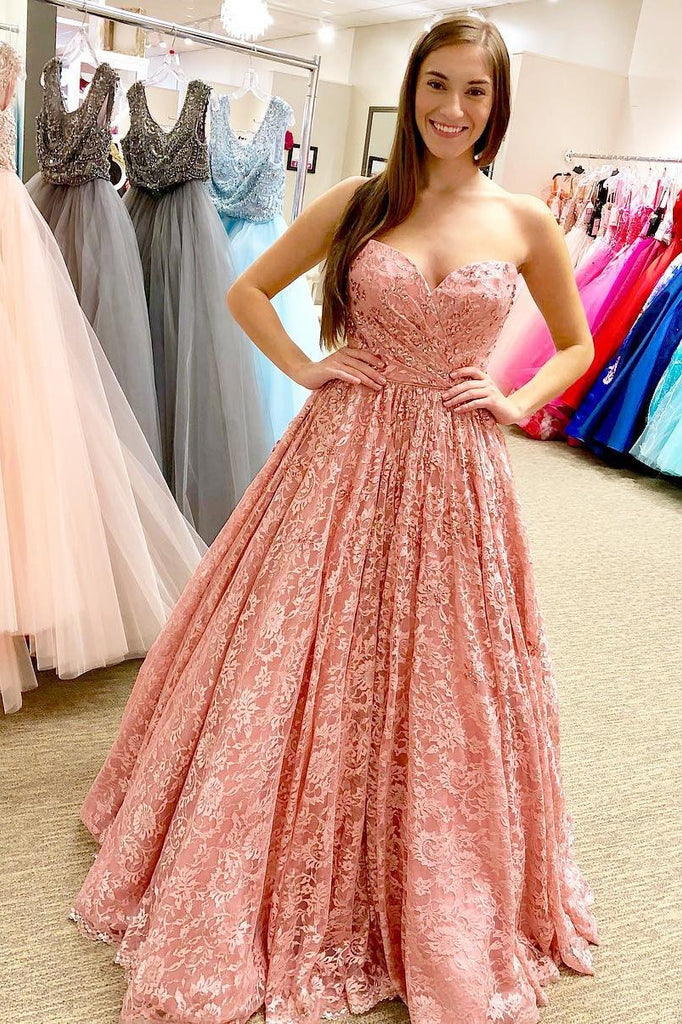 Pink Lace Long A Line Sweetheart Prom Dresses PDK82