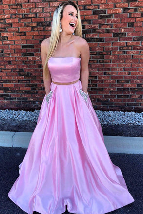 Strapless Two Piece Pink Long Beaded Prom Dress with Pockets PDL5