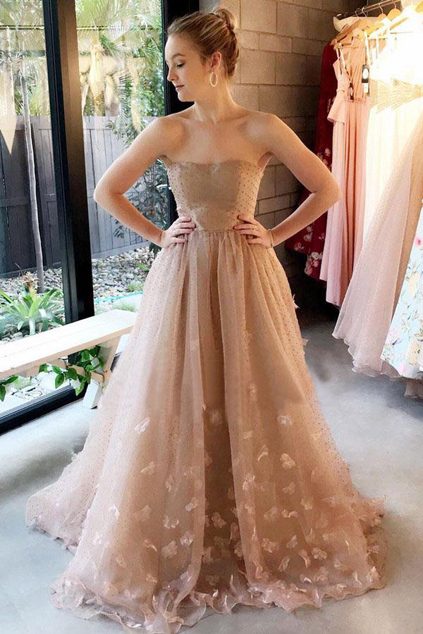Strapless Light Brown Tulle Appliques Long Elegant Prom Dress PDL7 trendtydresses Strapless Light Brown Tulle Appliques Long Elegant Prom Dress PDL7 trendtydresses