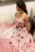 Strapless Pink Lace Long Ball Gown with Floral Embroidery Cheap Prom Dresses PDJ33