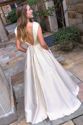 Fashion Boat Neck V Back Floral Embroidery Long Prom Dress with Pockets PDK79