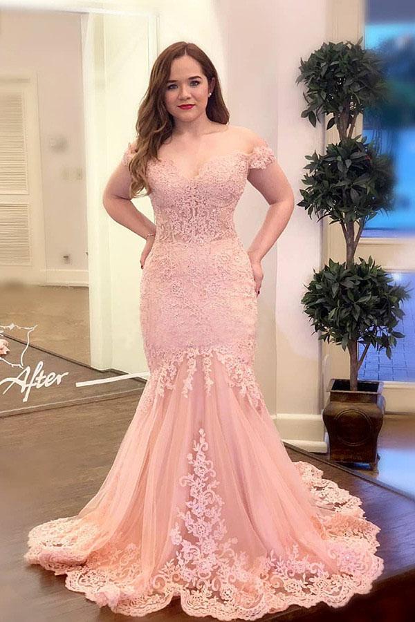 Off the Shoulder Pink Appliques Mermaid Long Plus Size Prom Dress PDK95