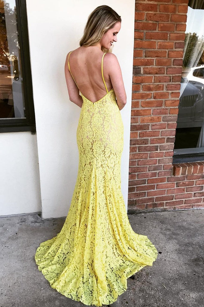 Spaghetti Straps Mermaid Yellow Lace Long Prom Dress with Slit PDL93