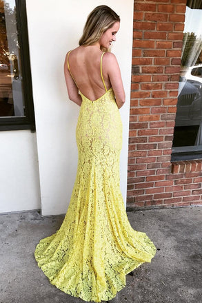 Spaghetti Straps Mermaid Yellow Lace Long Prom Dress with Slit PDL93
