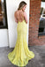 Spaghetti Straps Mermaid Yellow Lace Long Prom Dress with Slit PDL93