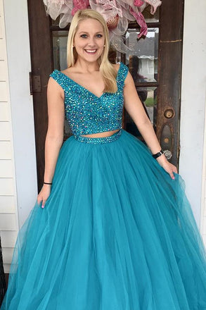 Two Piece Turquoise Beaded A Line Tulle Prom Dress PDL2