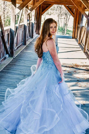 Charming Strapless Blue Ruffles Long Prom Dress with Appliques PDL9