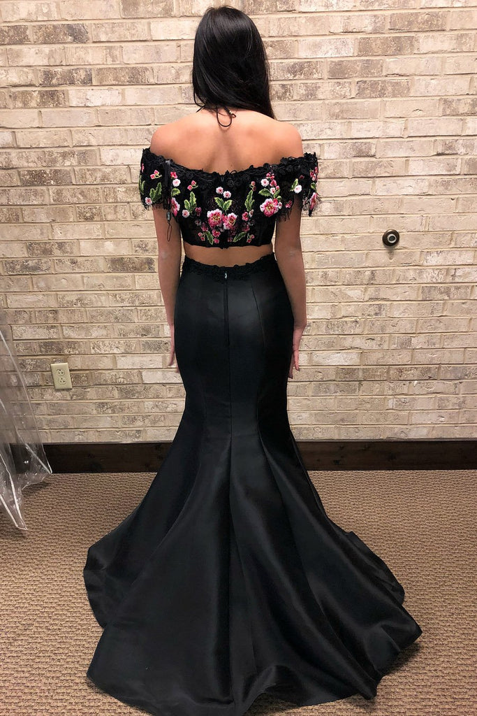 Mermaid Two Piece Embroidery Black Long Prom Dress PDL6