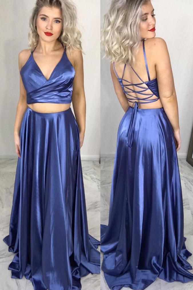 Two Piece Lace Up Blue Long Prom Dress with Slit PPD2