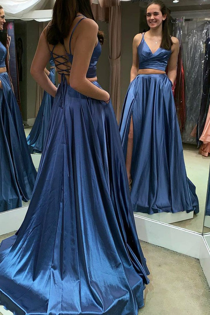 Two Piece Lace Up Blue Long Prom Dress with Slit PPD2
