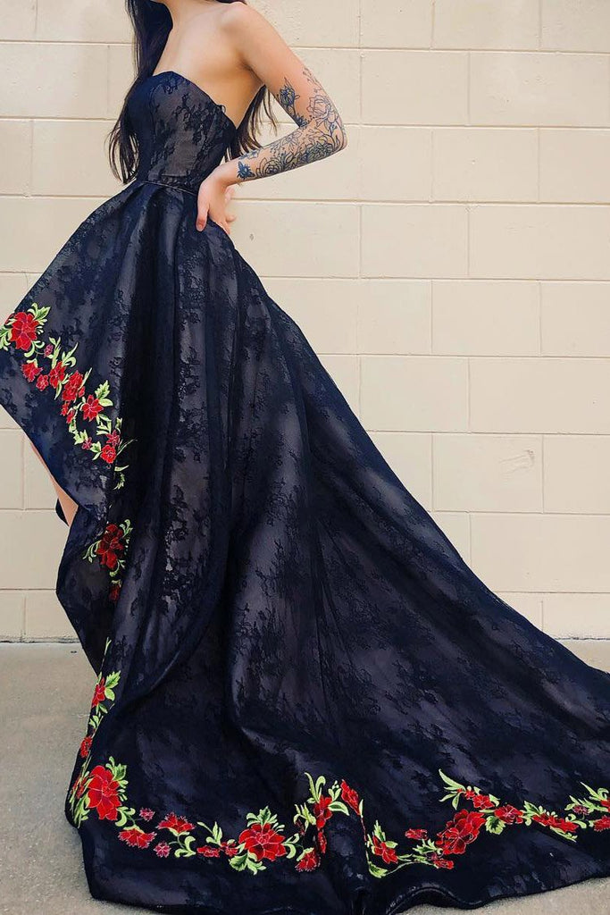 Strapless Embroidery Floral Hi-Low Black Prom Dress with Train PDK85