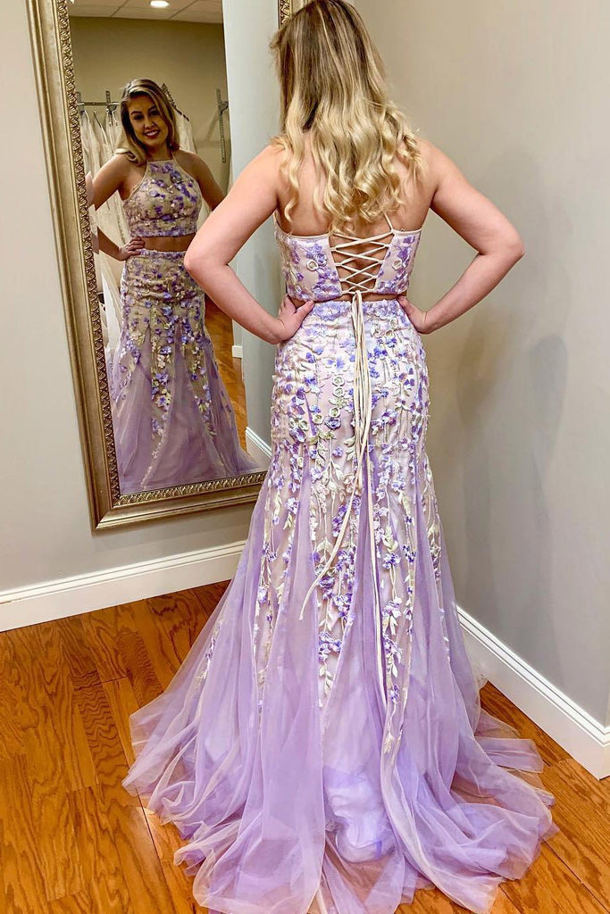 Two Piece Appliques Lilac Floral Long Prom Dress PPD1