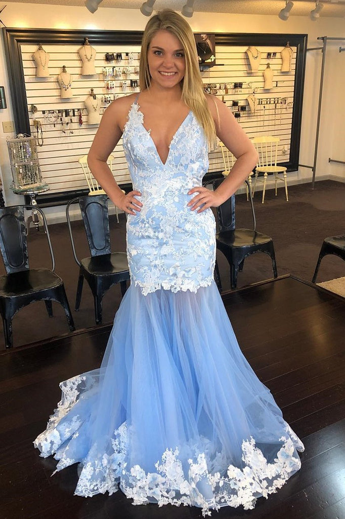 Mermaid V-Neck Tulle Long Prom Dress with Lace Appliques PDK81