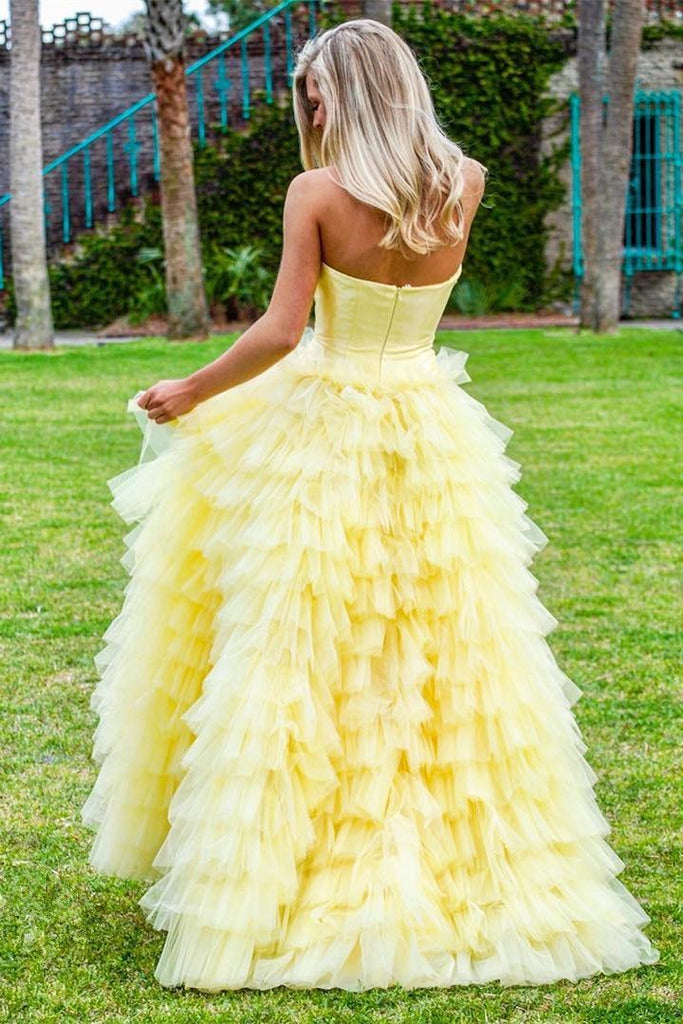Princess Strapless Tiered Floor Length Yellow Ball Gown Prom Dress PDL3