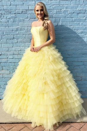 Princess Strapless Tiered Floor Length Yellow Ball Gown Prom Dress PDL3