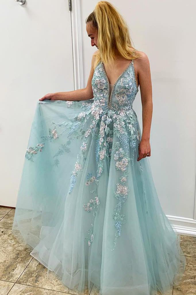 Spaghetti Straps Floral Appliques Long Prom Dress With Beading PDK77