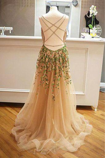 Criss Cross Back Appliqued Tulle Prom Dress with Ribbon PDL98