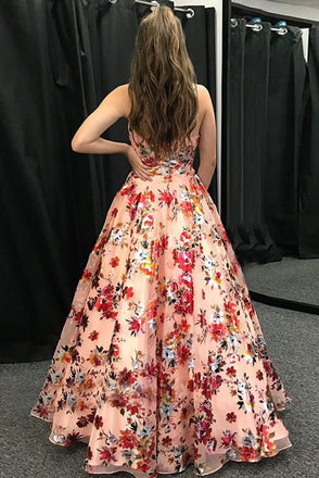 A-Line Spaghetti Straps Floral Print Long Prom Dress PDL94