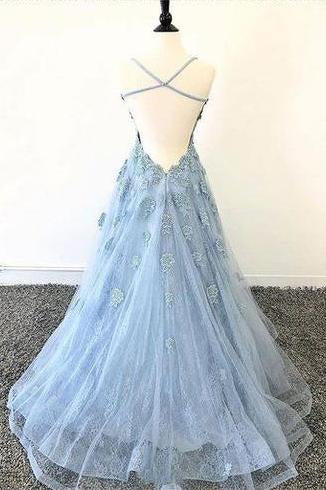 Lace Appliques Sky Blue Prom Dress with Criss Cross Back PDP13