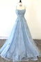 Lace Appliques Sky Blue Prom Dress with Criss Cross Back PDP13