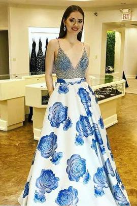 Classy Spaghetti Straps Beading Floral Print Prom Dress PDL97