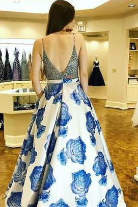 Classy Spaghetti Straps Beading Floral Print Prom Dress PDL97