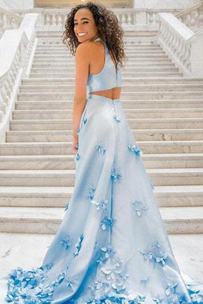 Two Piece Flowers Appliques Light Sky Blue Prom Dress PDL99
