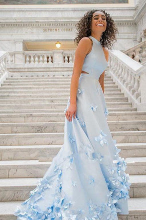 Two Piece Flowers Appliques Light Sky Blue Prom Dress PDL99