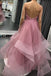 Elegant Glitter Spaghetti Straps Ruffled Pink Long Prom Dresses Backless Formal Gown TD77