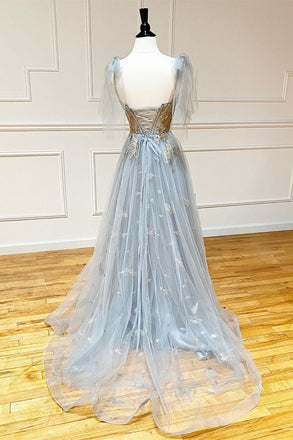 Charming A line Grey Tulle Appliques Long Prom Dresses, Sweetheart Evening Dresses OM0182