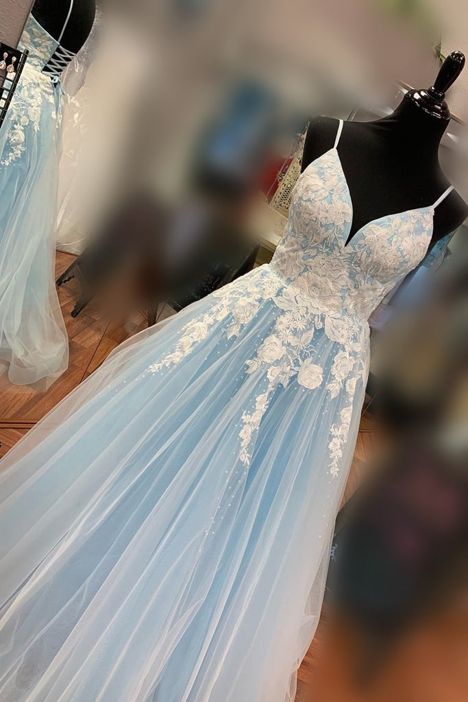 Elegant A-line V Neck Tulle Long Blue Spaghetti Straps Prom Dresses with Appliques TD67