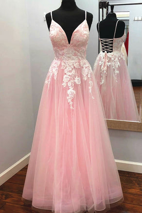 Elegant a-line v neck tulle long prom dress with appliques mg118