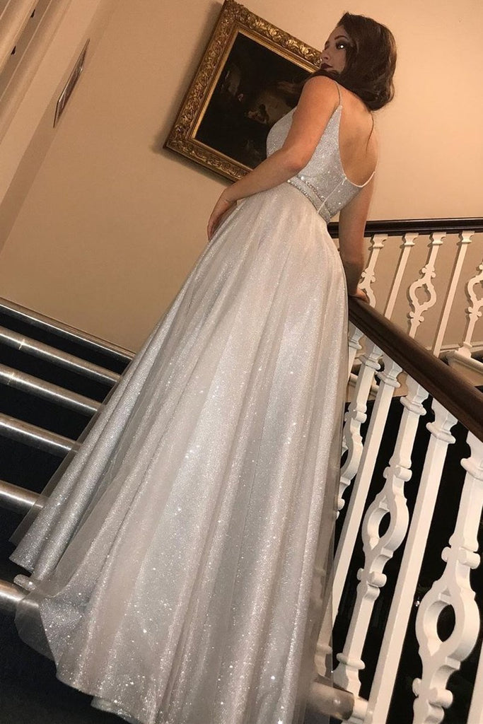 Glitter Silver Long Spaghetti Straps Prom Dresses A-line V Neck Sequins Formal Dress TD76