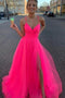 Simple Fluorescent Fuchsia Spaghetti Straps V Neck Long Tulle Prom Dresses With Split TD73