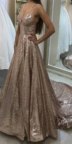 Sparkly Sequin V Neck Long Junior Prom Dresses with Straps PDI27