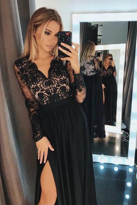A-line Long Sleeves V Neck Lace Black Long Prom Dresses Evening Gowns With Split TD95