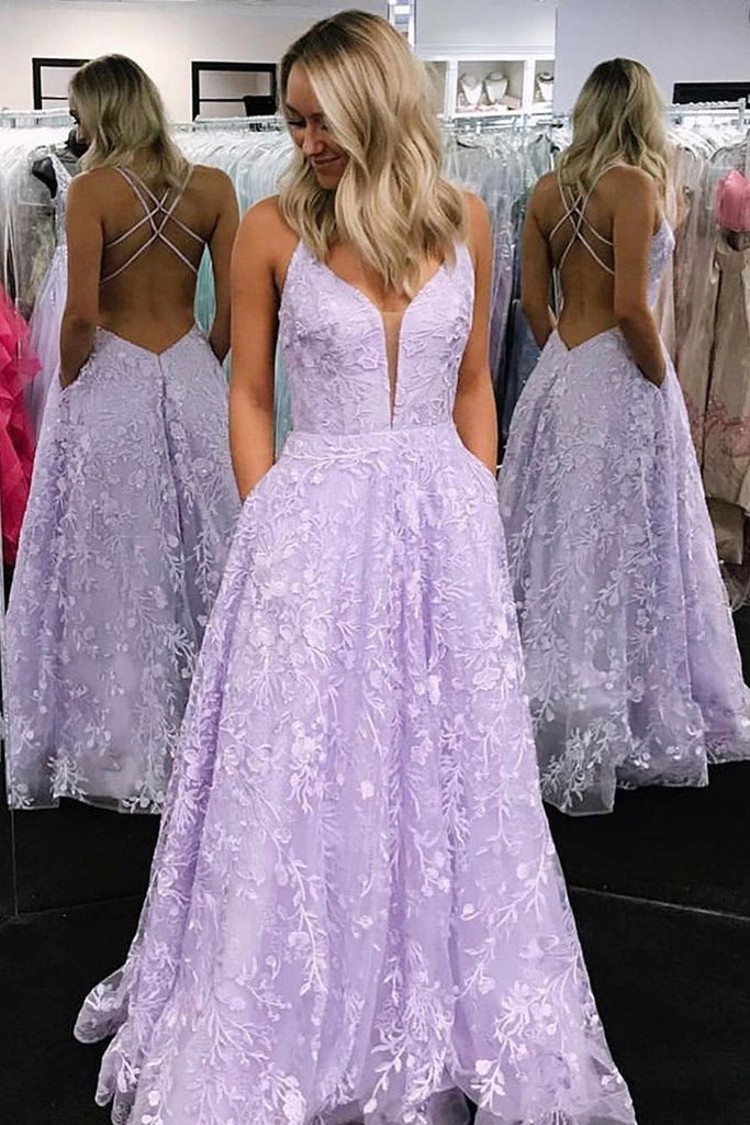 A-line Lilac Lace Appliques Prom Dresses with Pockets Criss Cross Formal Dresses TD19