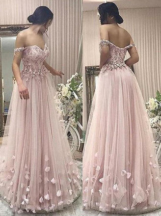 Off-the-shoulder pearl pink tulle prom dress with appliques beading mg251