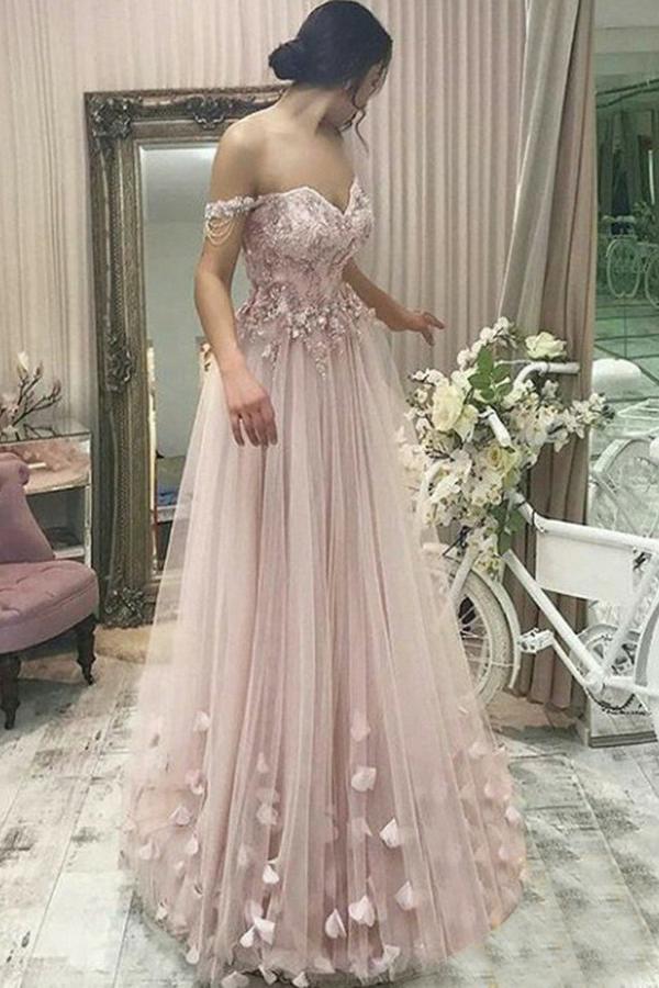 Elegant Off the Shoulder Sweetheart Pearl Pink Tulle Prom Dresses with Appliques Beads TD112