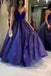 Sparkly A Line Tulle Spaghetti Straps V Neck Long Royal Blue Sequins Prom Dresses PD159