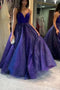 Sparkly A Line Tulle Spaghetti Straps V Neck Long Royal Blue Sequins Prom Dresses PD159