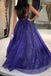 Sparkly tulle a-line v-neck long royal blue sleeveless prom dresses mg137