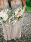Elegant A Line Sheath Spaghetti Straps V Neck Tulle Grey Bridesmaid Dress with Sequins BD28