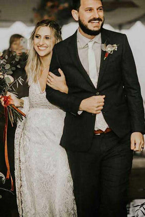 Elegant Lace V Neck Sheath Wedding Dresses With Appliques Backless Bridal Dress WD08